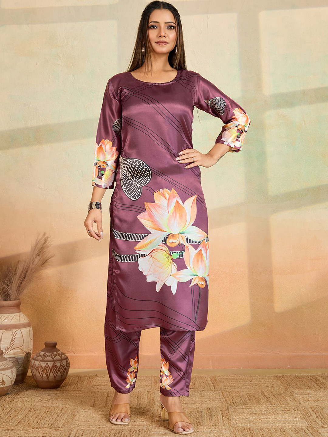 Women Floral Printed Satin Kurta with Trousers