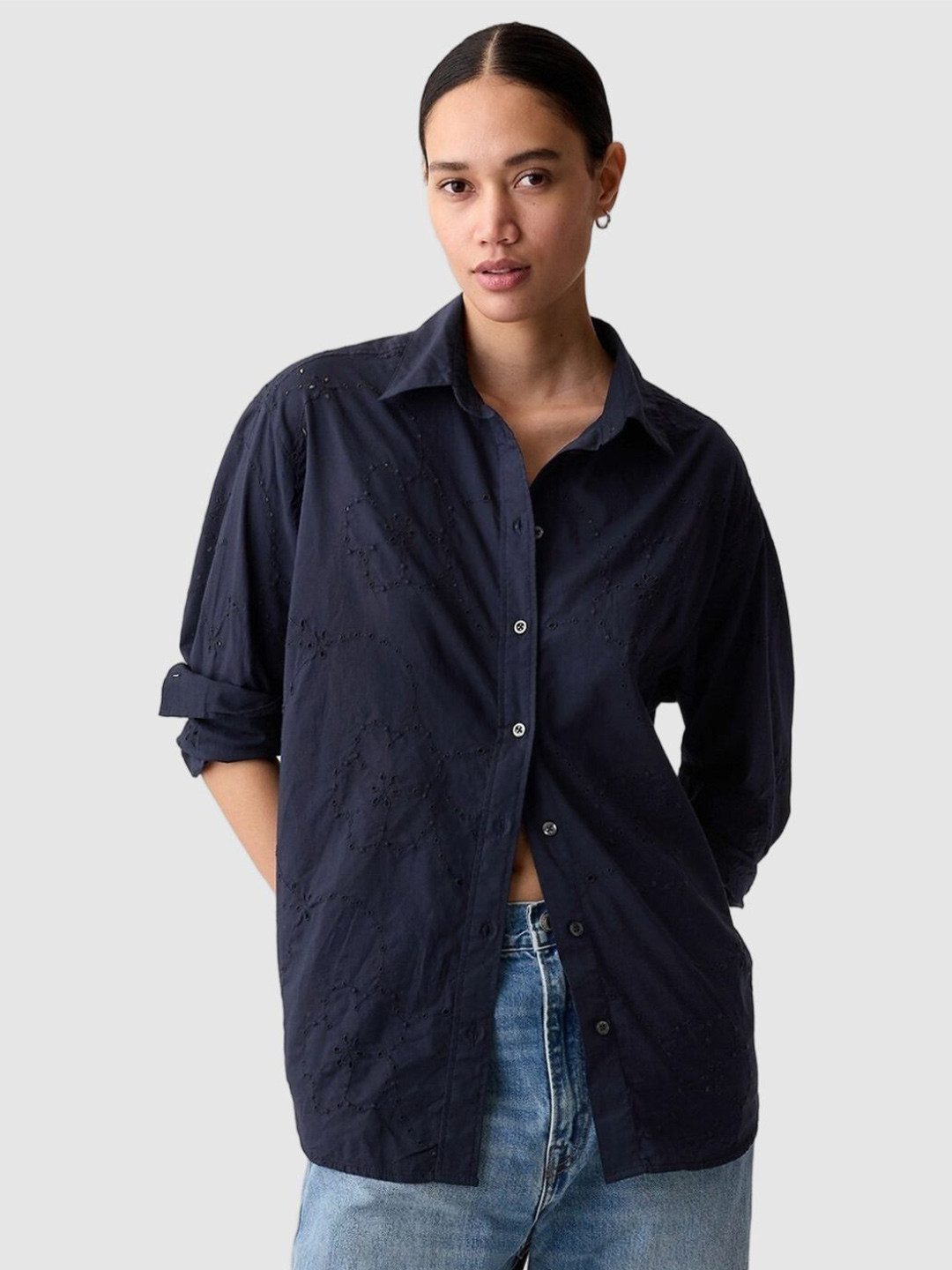 GAP Relaxed Fit Floral Schiffli Self Design Eyelet Fabricated Pure Cotton Shirt