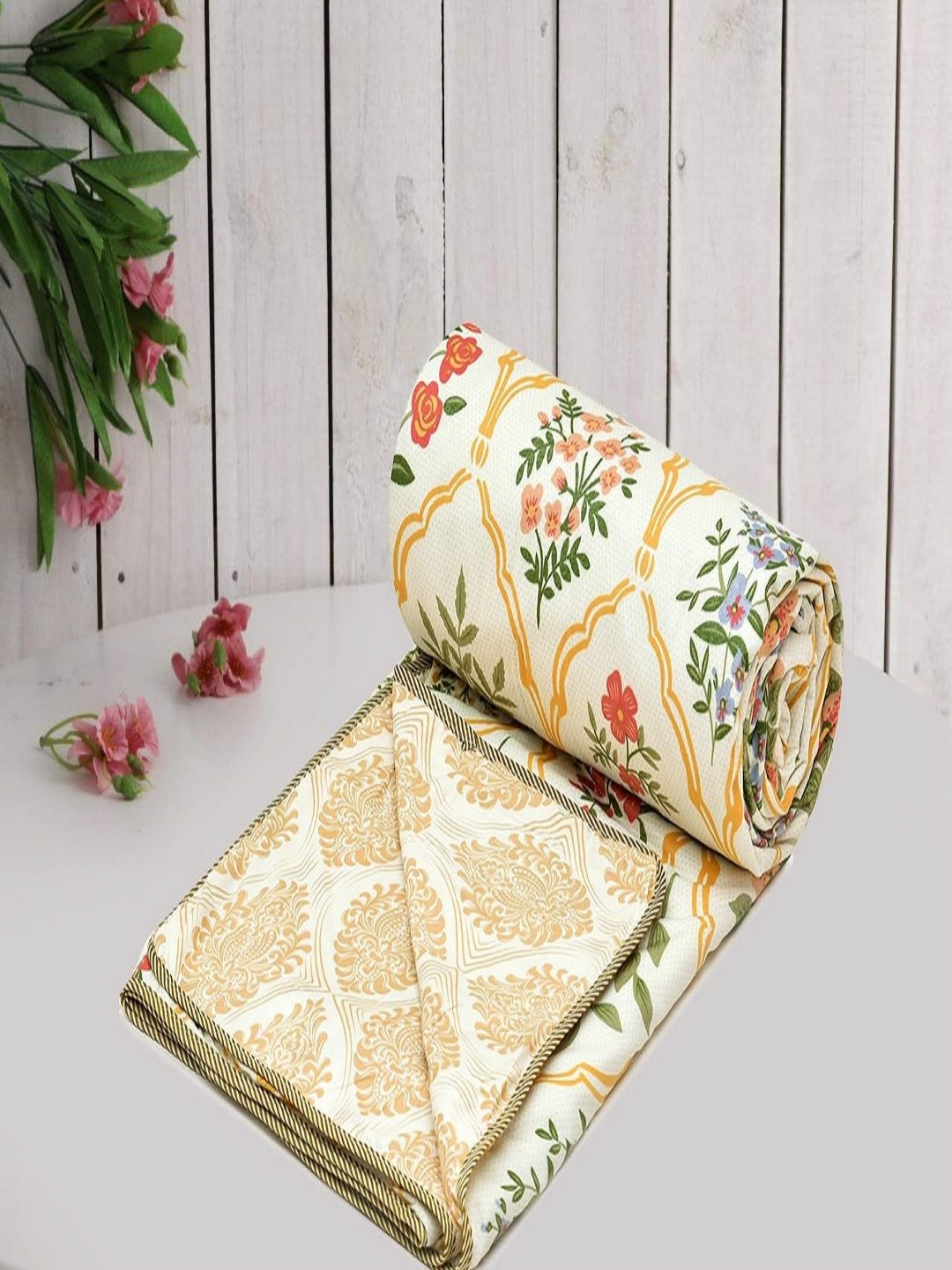 Myntra Elegant Homes Cream & Green Floral Microfiber AC Room 150 GSM Double Bed Dohar