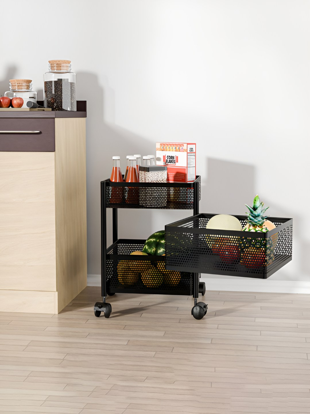 RUBOXA Black Textured Metal 2+1 Layer Multi-Purpose Kitchen Organizer With Wheels Square Shape