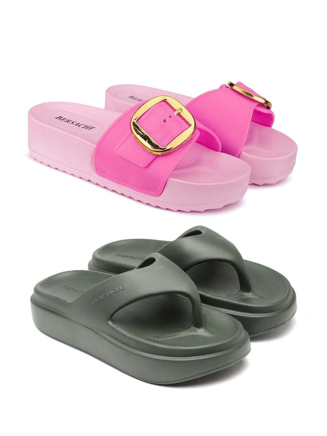 BERSACHE Women Pack Of 2 Pair Thong Flip-Flops & Sliders With Buckles