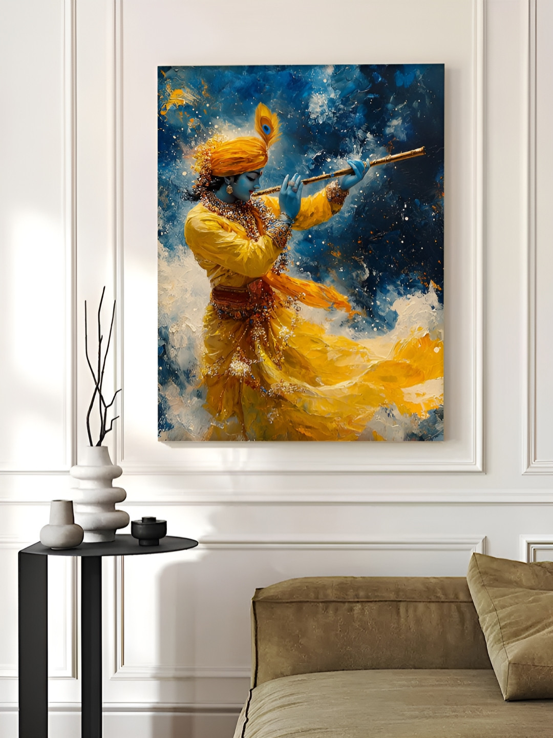 Myntra Elegant Homes Yellow & Blue Shree Krishna Divine Flute Player Canvas Wall Art