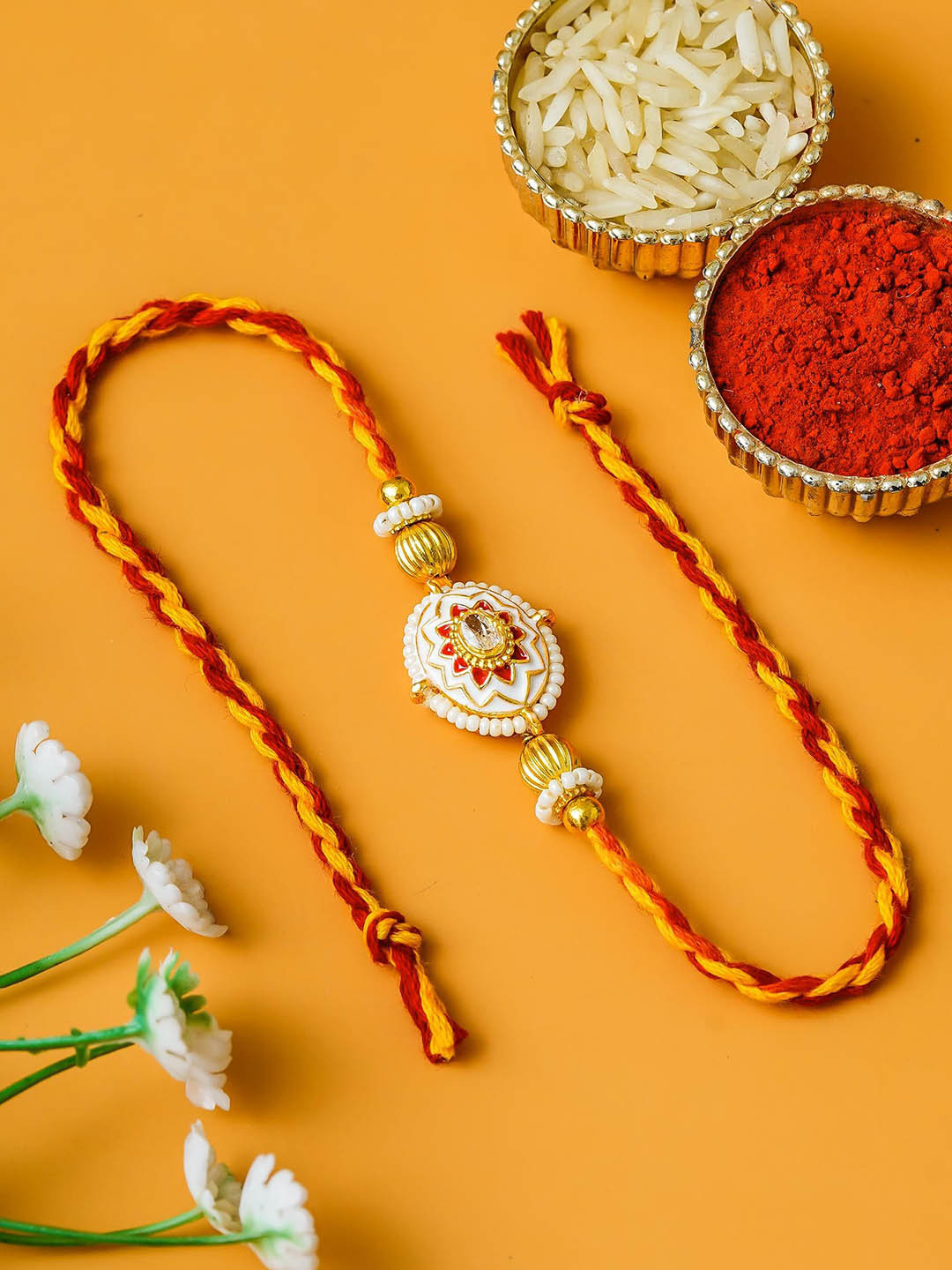 ahoora Kundan Studded & Pearls Beaded Thread Rakhi With Chawal & Kumkum