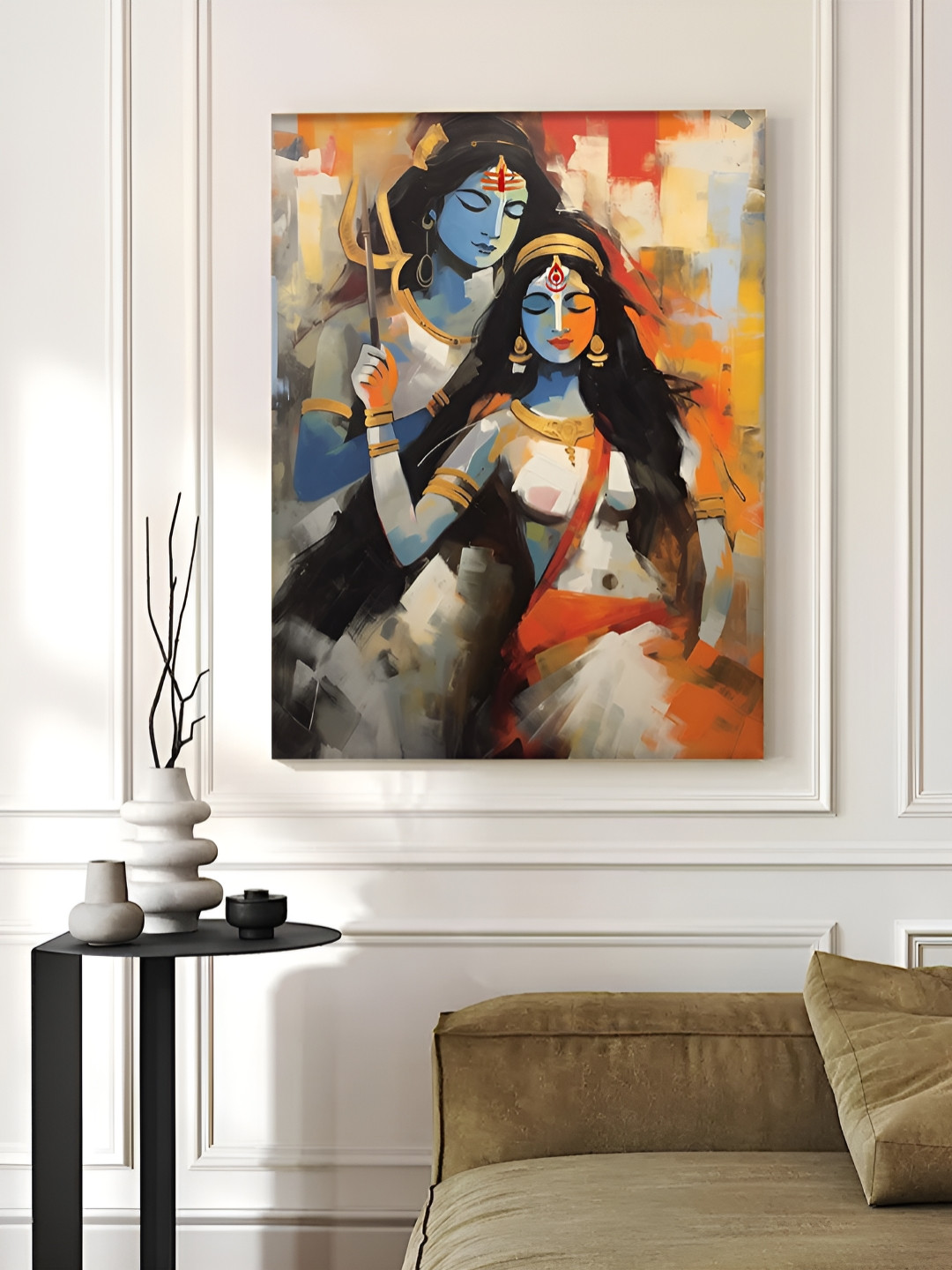 Myntra Elegant Homes Orange & Blue Shiv Parvati Canvas Religious Wall Art