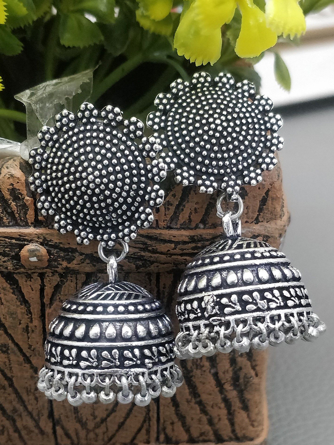 JEWELOPIA Silver-Plated Artificial Beaded Oxidised Dome Shaped Jhumkas