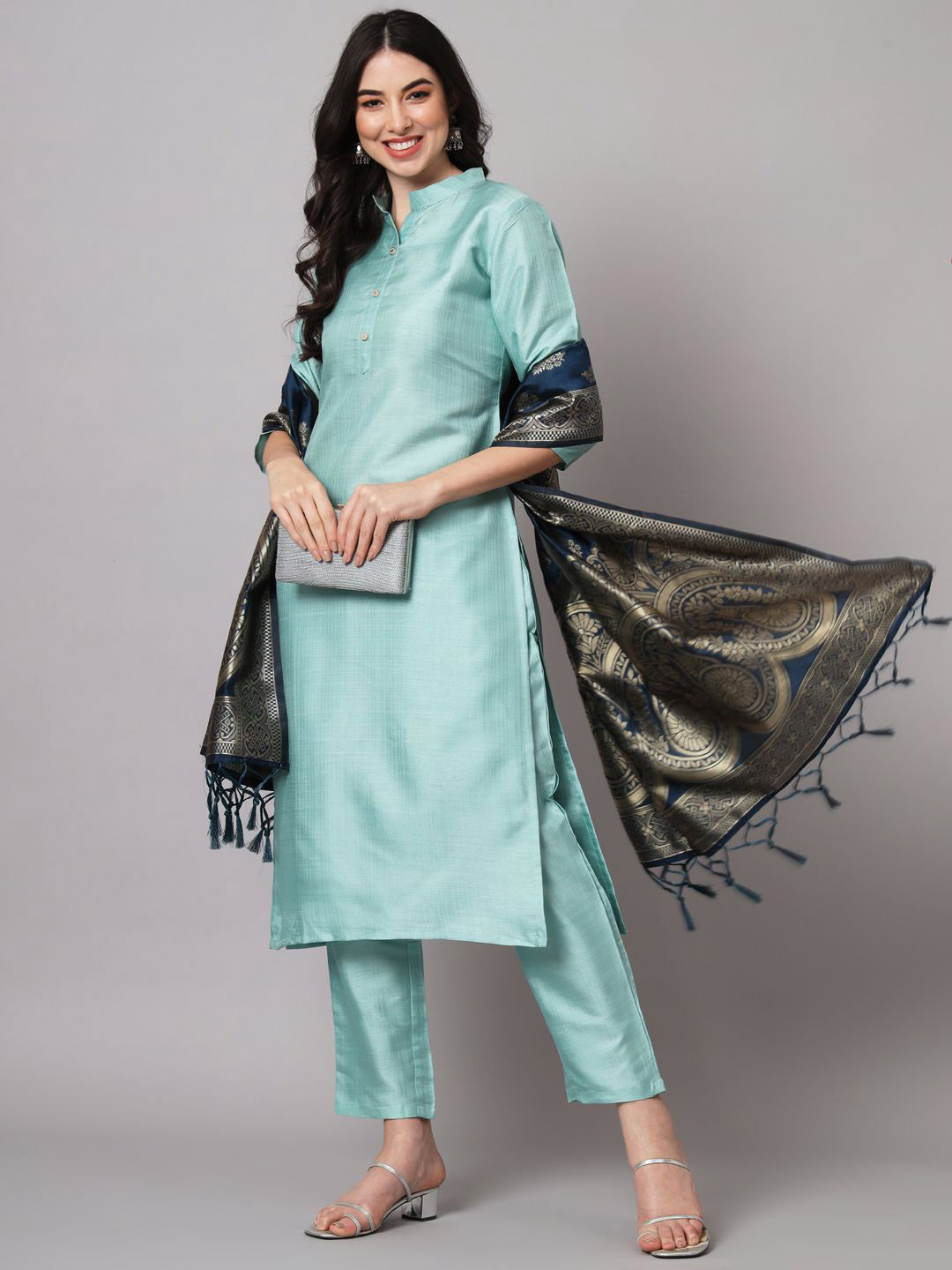 VredeVogel Women Mandarin Collar Regular Kurta with Trousers & With Dupatta