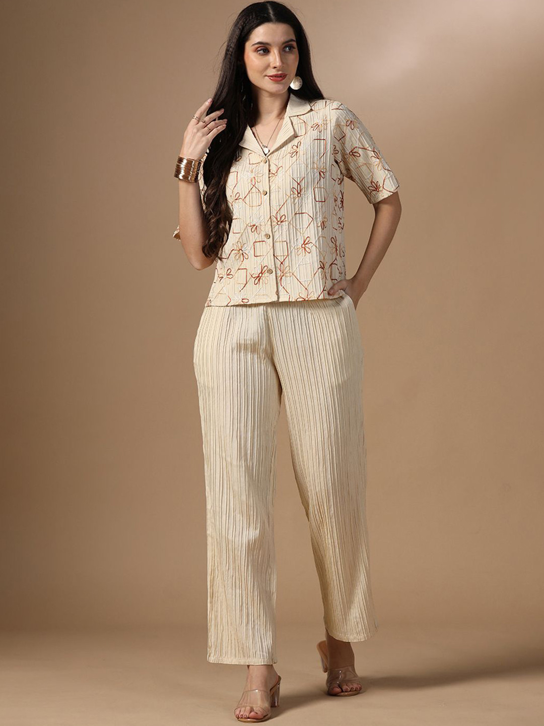 OMPAX Embroidered Collard Neck Short Sleeves Shirt With Trouser Co-Ords