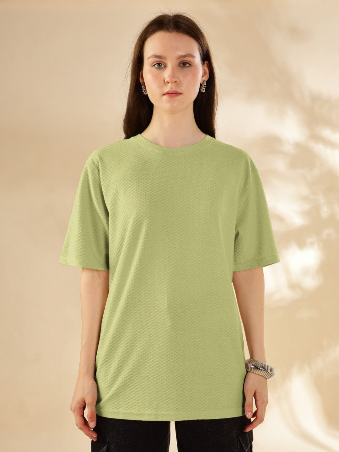 HELLCAT Self Design Round Neck Drop Shoulder Sleeves Oversized T-Shirt