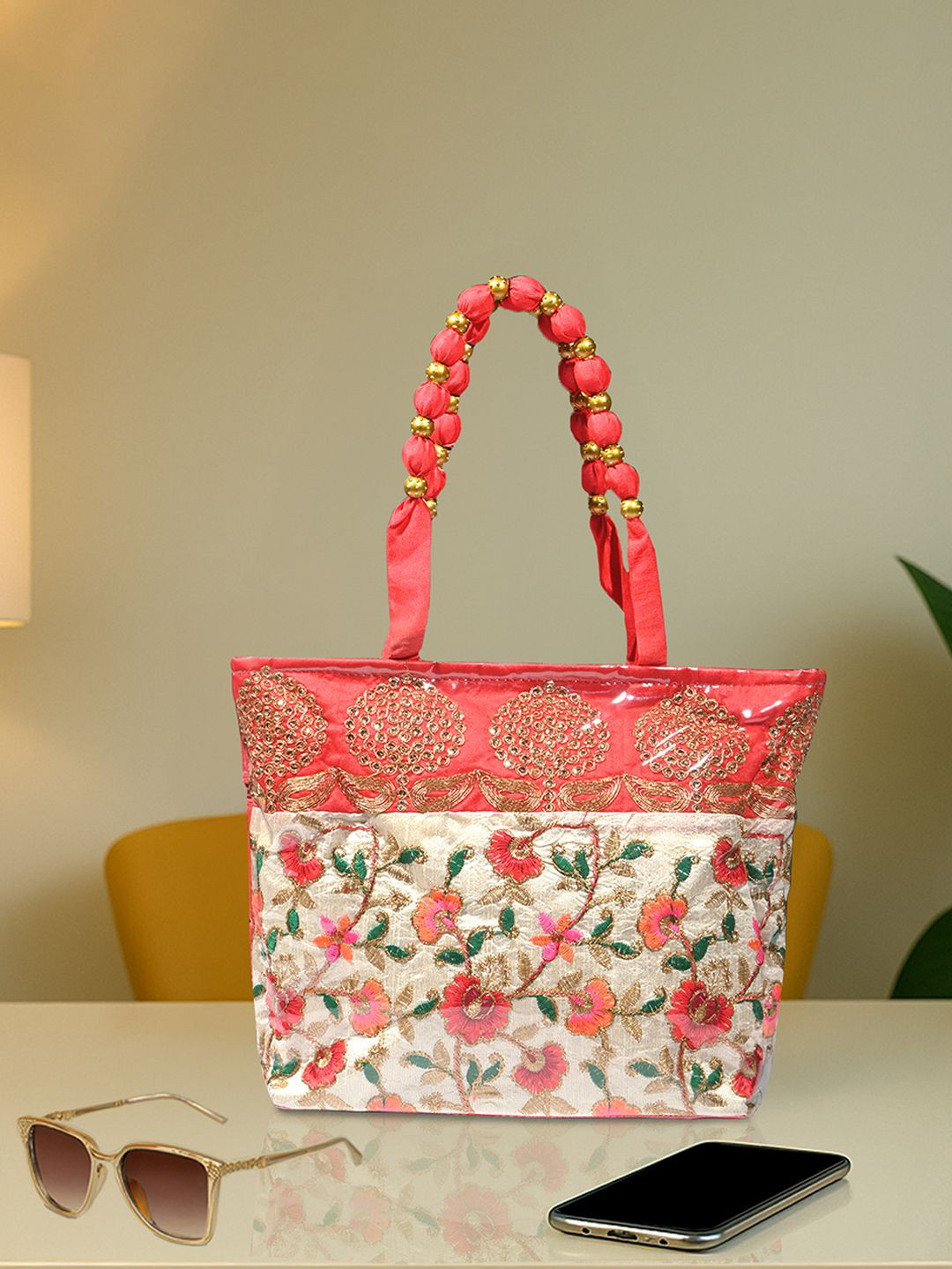 Kuber Industries Floral Embroidered Laminated Shopper Shoulder Bag