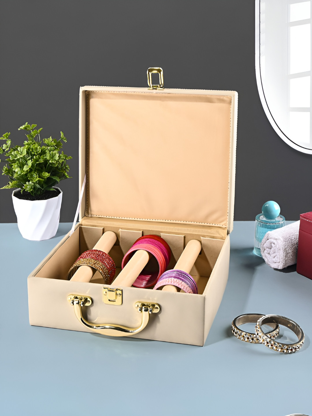 RUBOXA Beige 3 Rod Premium Faux Leather Bangles Box With Handle Jewellery Organisers
