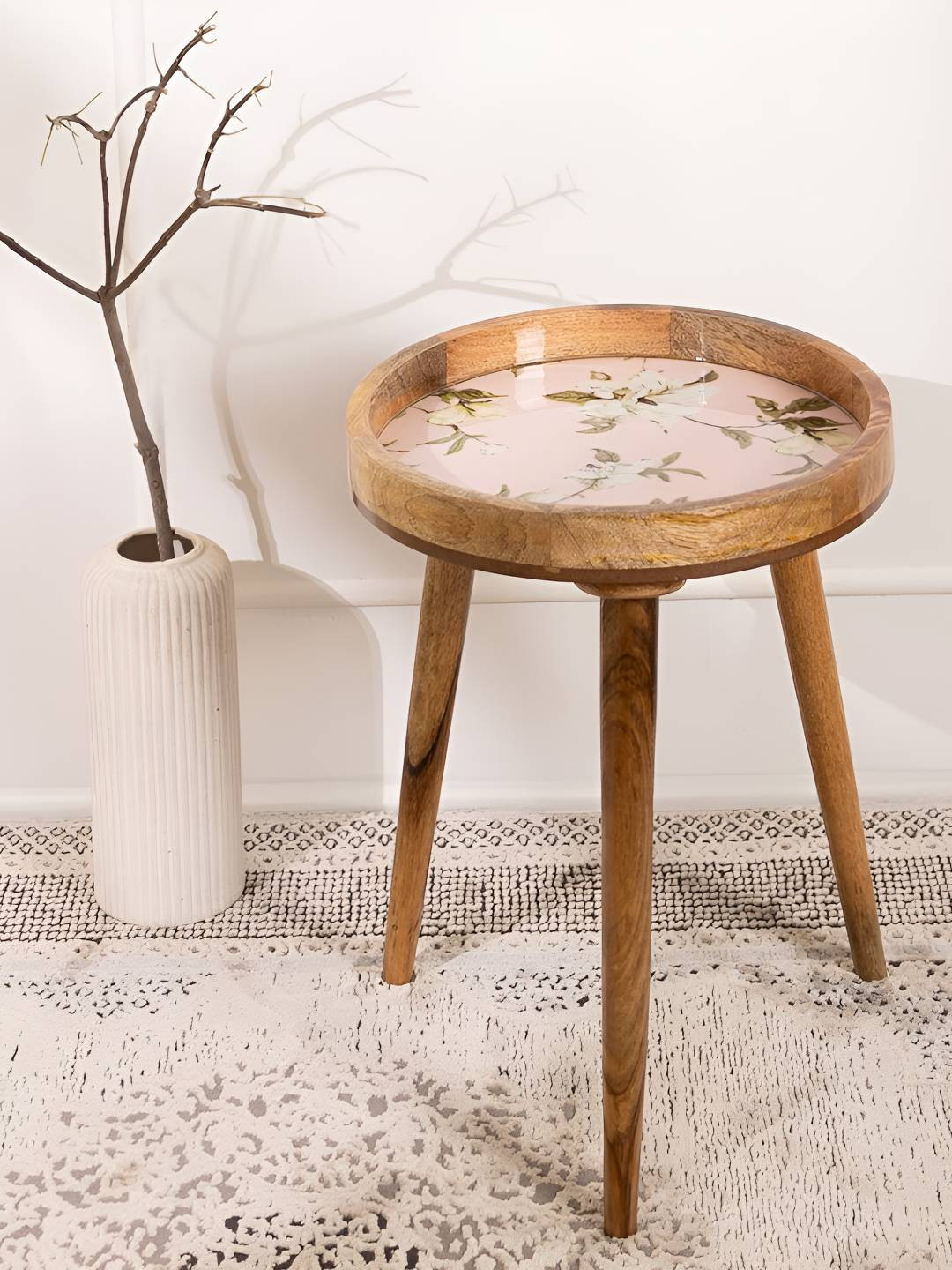 THREADVIBE LIVING Pink & Brown Mango Wood Round Shape End Table