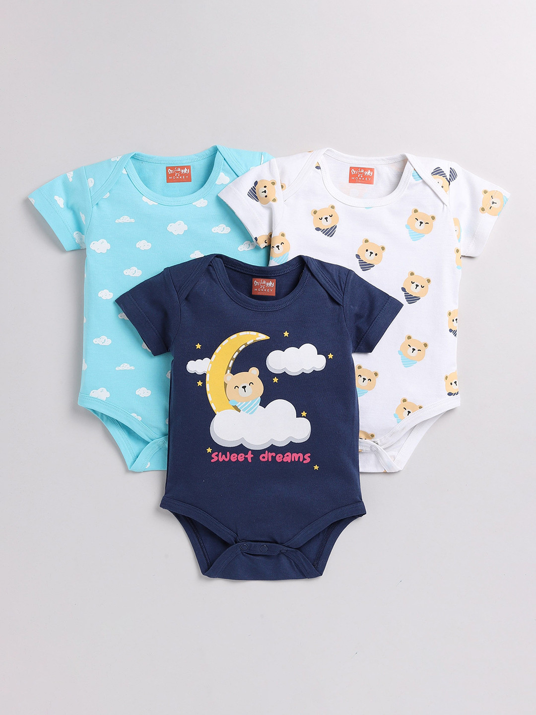 SNUGGLY MONKEY Girls Pack of 3 Printed Cotton Bodysuits