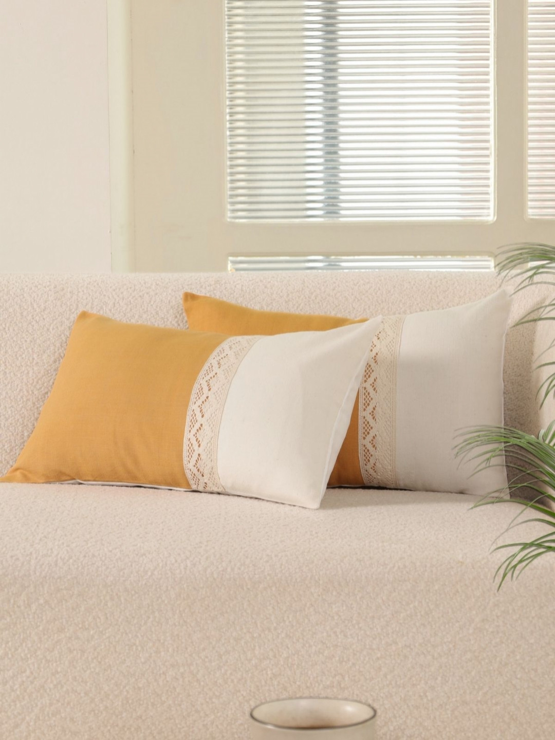 Peepul Tree Mustard & Off White 2 Pieces Ethnic Motifs Rectangle Cotton Cushion Covers