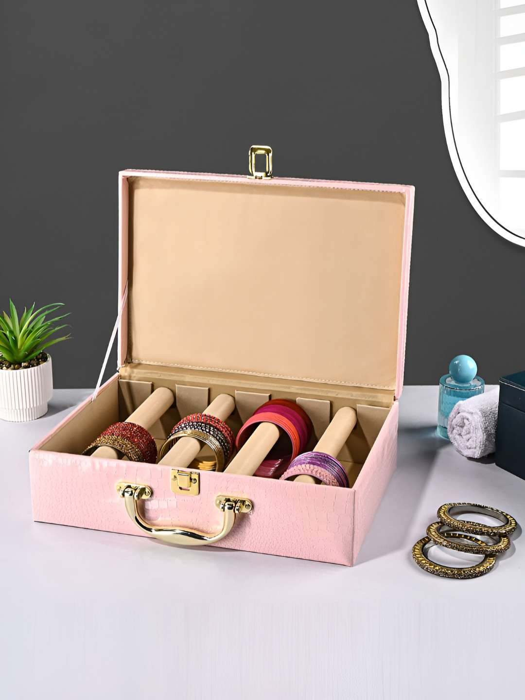 RUBOXA Pink 4 Rod Premium Faux Leather Bangles Box With Handle Jewellery Organisers