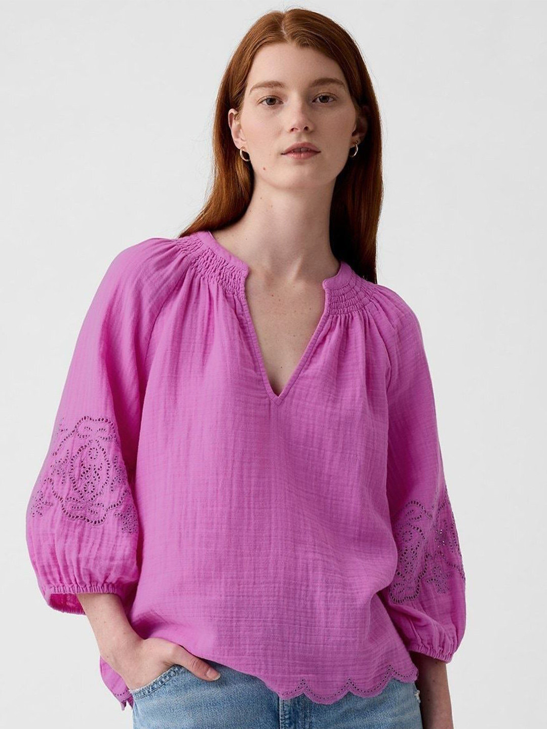 GAP Puff Sleeve Cotton V -Neck Top with Eyelet Sleeve Detail