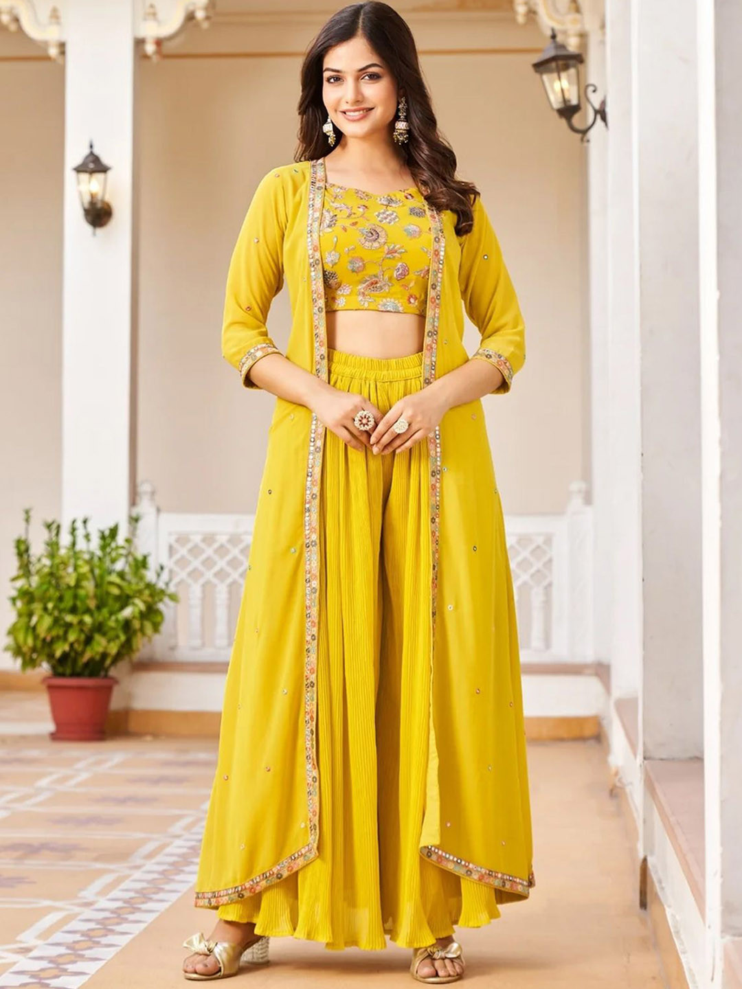 TextileNow Embroidered Choli & Shrug With Flared Palazzo Co-Ords