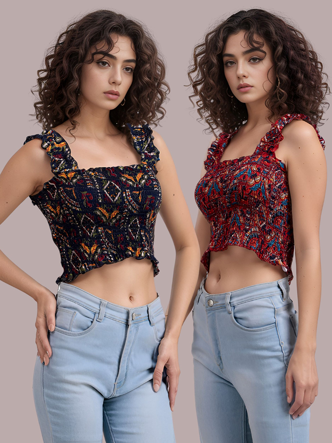 BAESD Women Pack of 2 Smocked Detailed Square Neck Fitted Crop Top