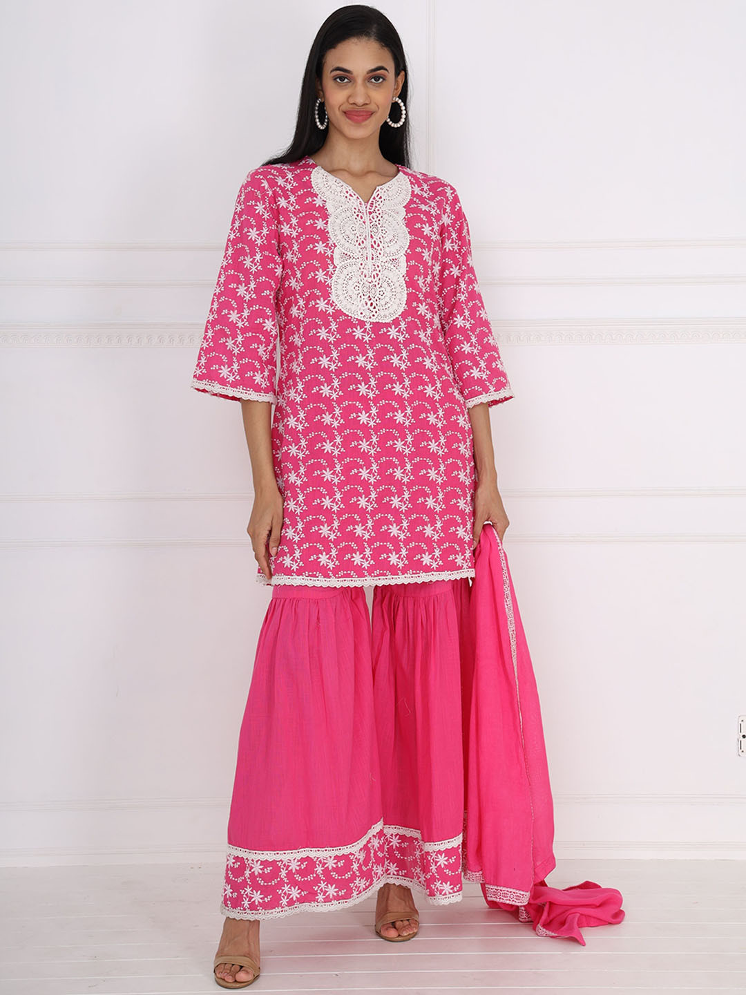 SAROJ Floral Embroidered Thread Work Pure Cotton Kurta With Sharara And Dupatta