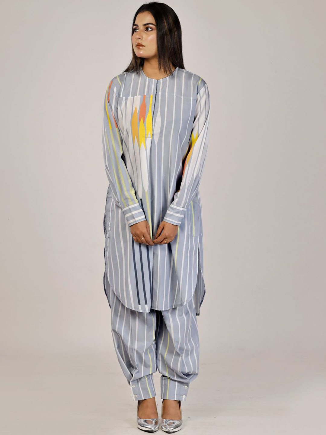 Bunosilo Lines In Bloom Striped Round Neck Basic long Tunic With Fleet Pant Co-Ords