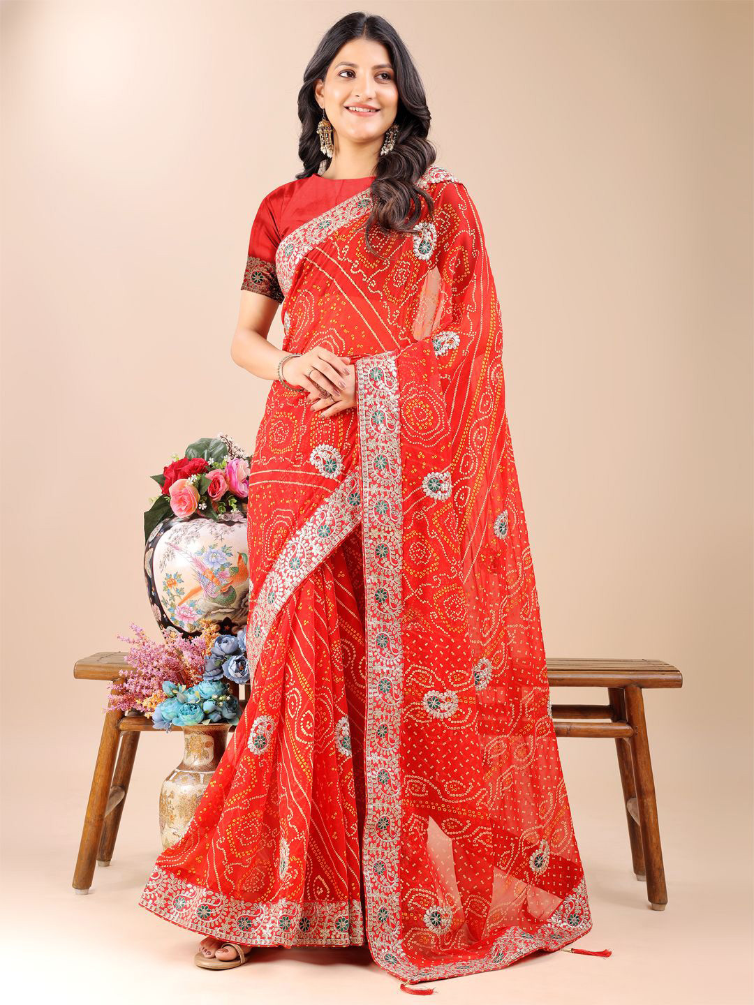 Pandadi Saree Bandhani Embroidered Embellished BorderSarees