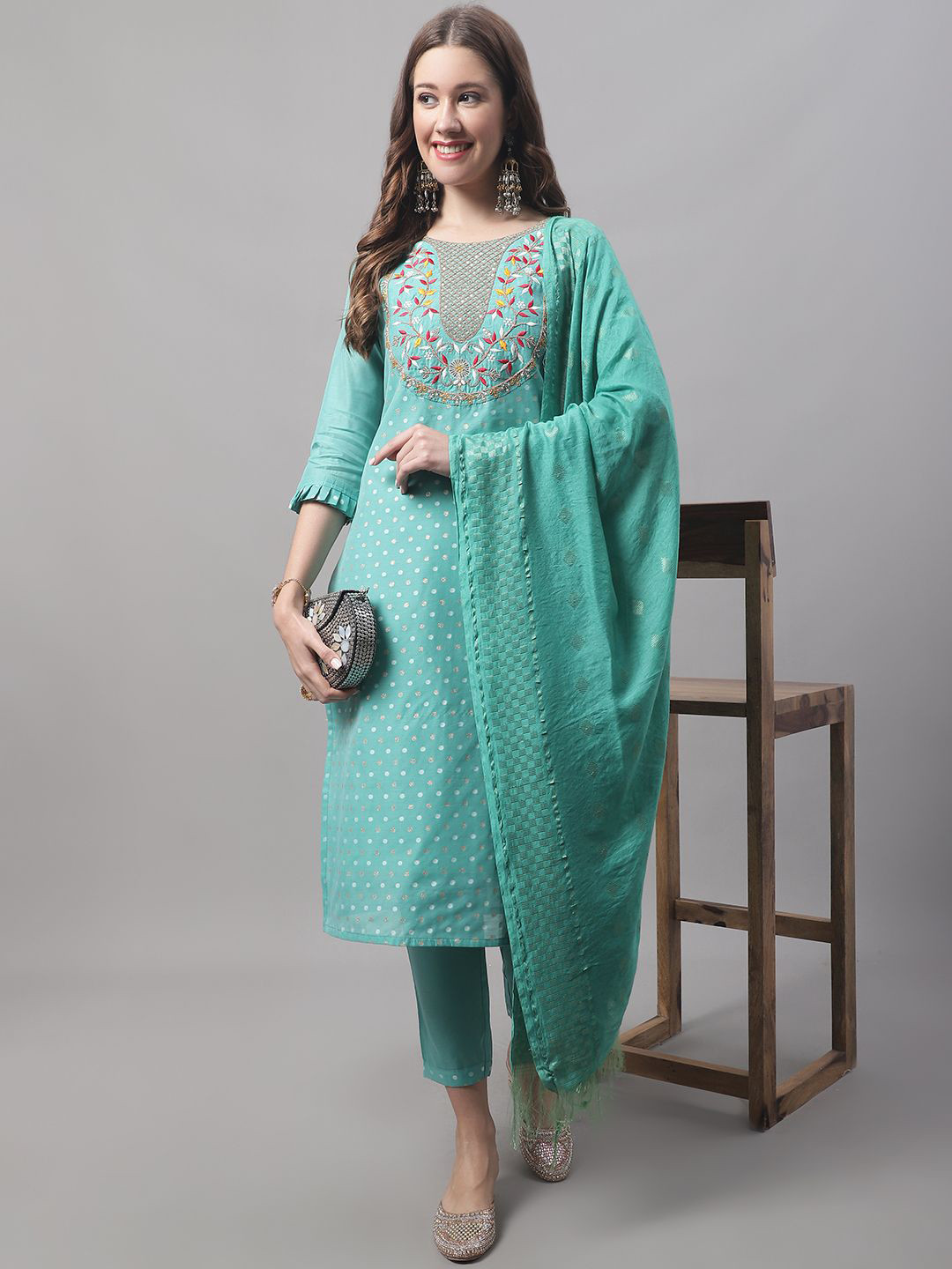 VredeVogel Women Silk Blend Kurta with Trouser Pant & Embroidered Dupatta Set