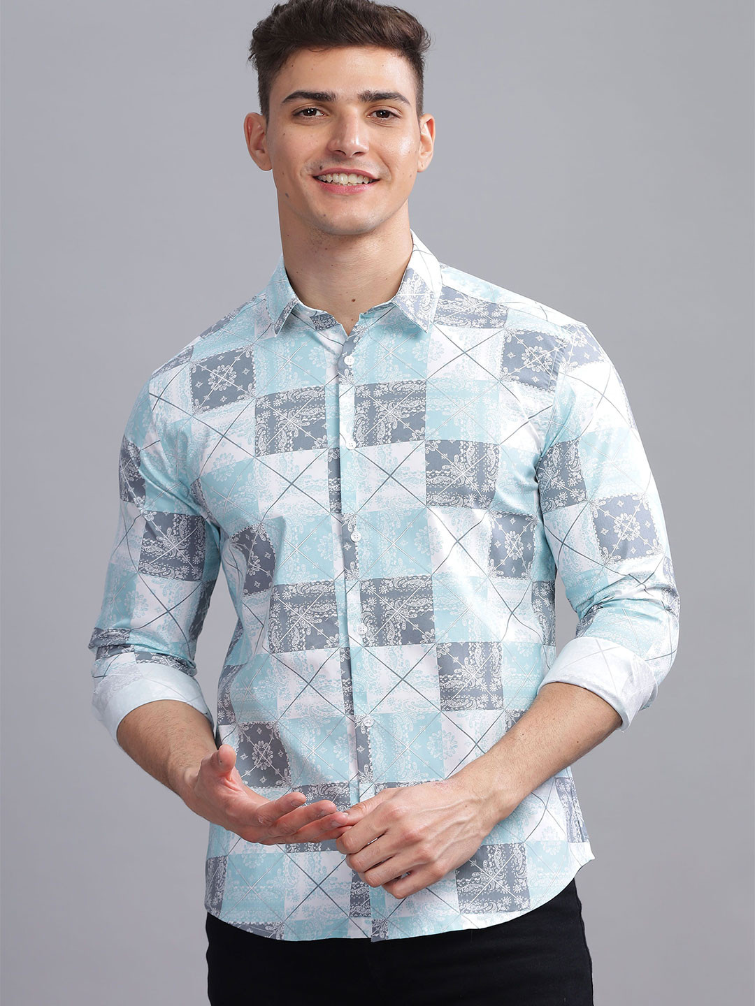 THREE DAYS Comfort Geometric Printed Spread Collar Cotton  Shirt