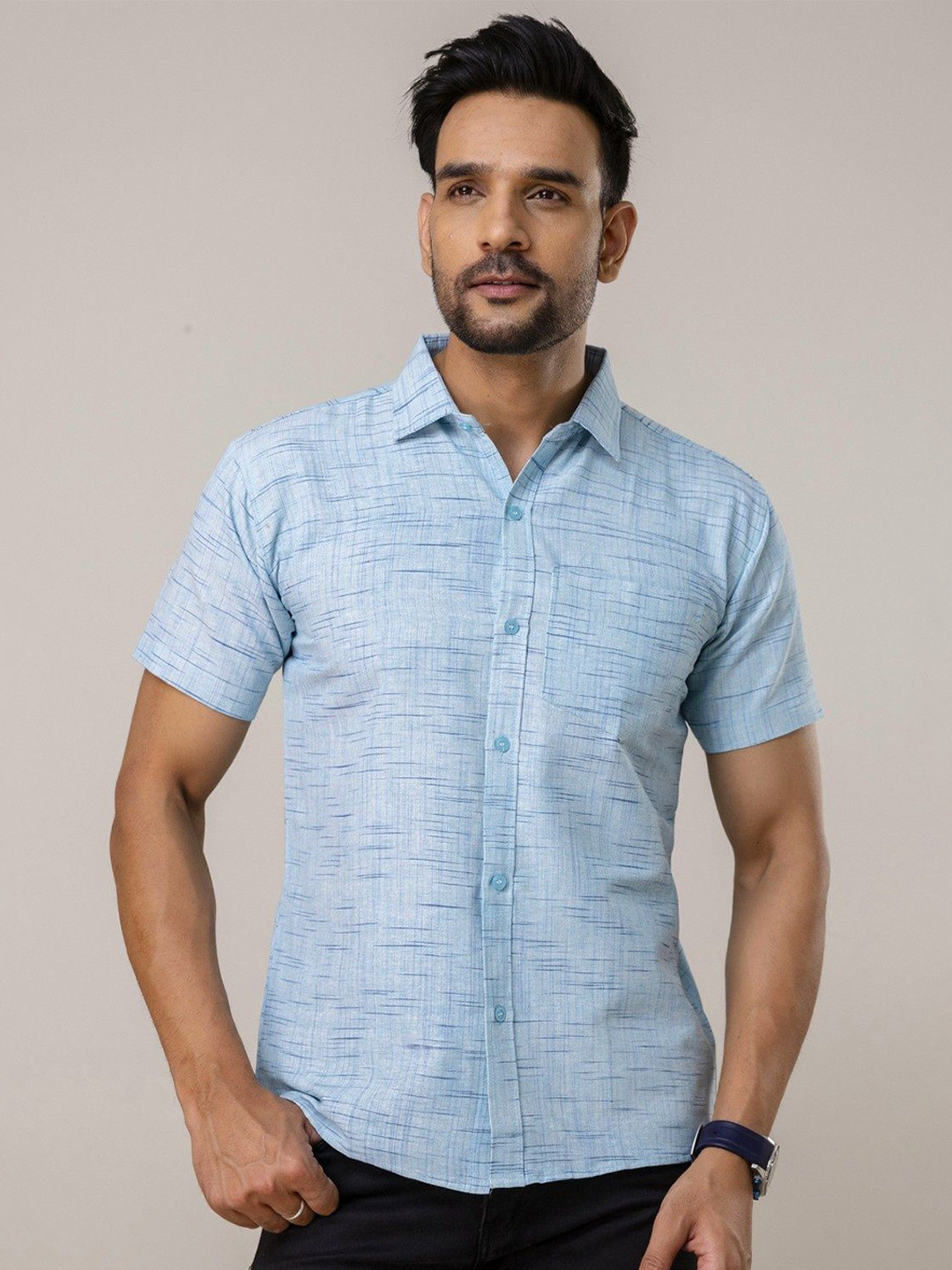 AUZAAI COLLECTION Horizontal Striped Spread Collar Khadi Cotton Casual Shirt