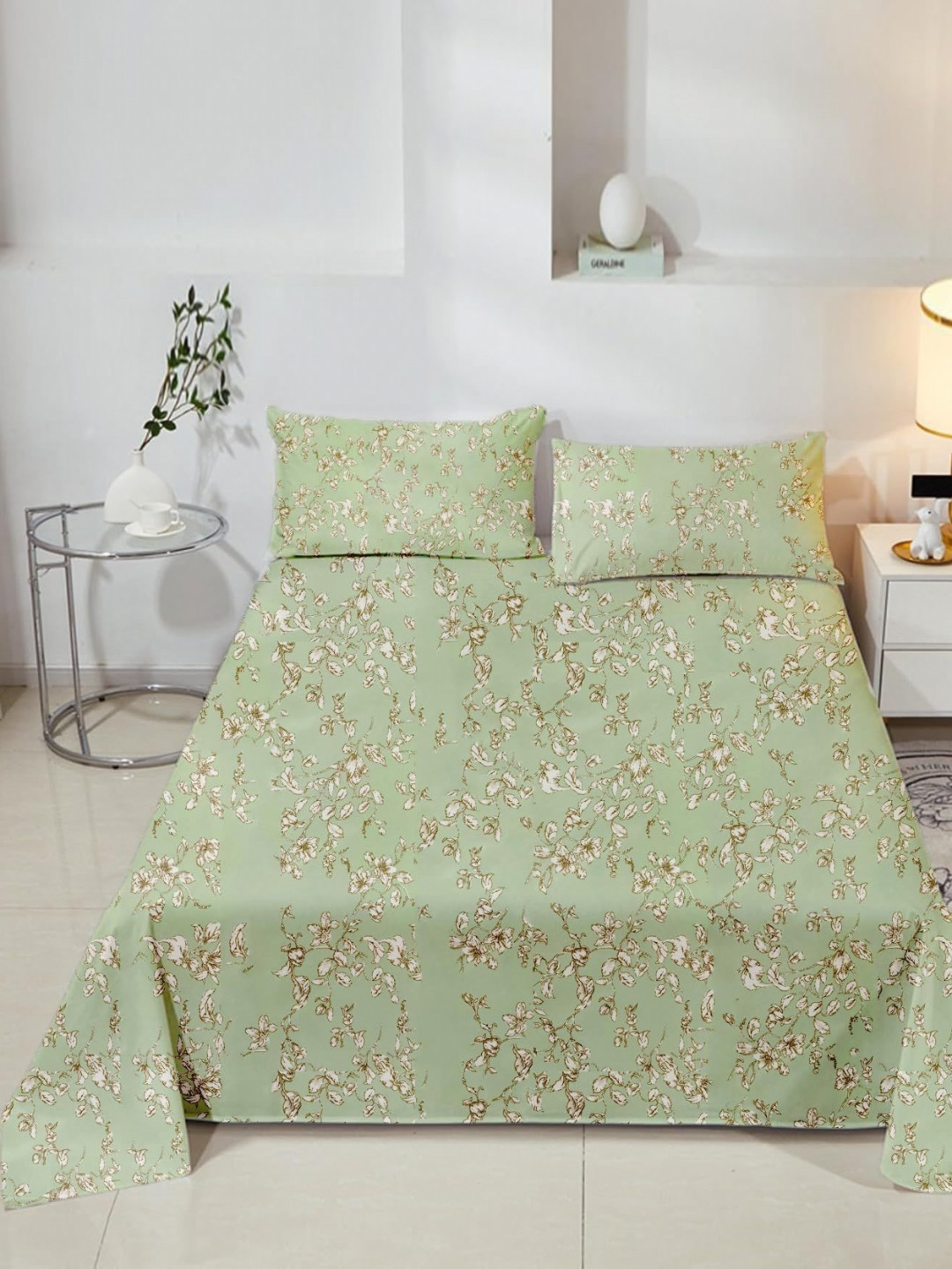 Trance Home Linen Green & White Printed Cotton 210 TC King Bedsheet Sets - 2.74 m x 1.98m