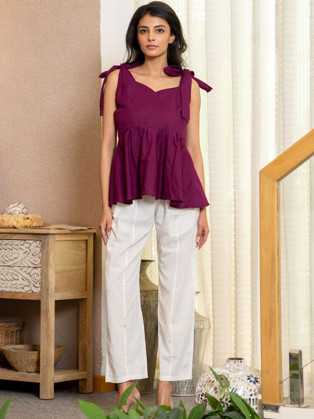 HOUSE OF JAMOTI Lenen Sweetheart  Neck Top With Trousers Co-Ords Set