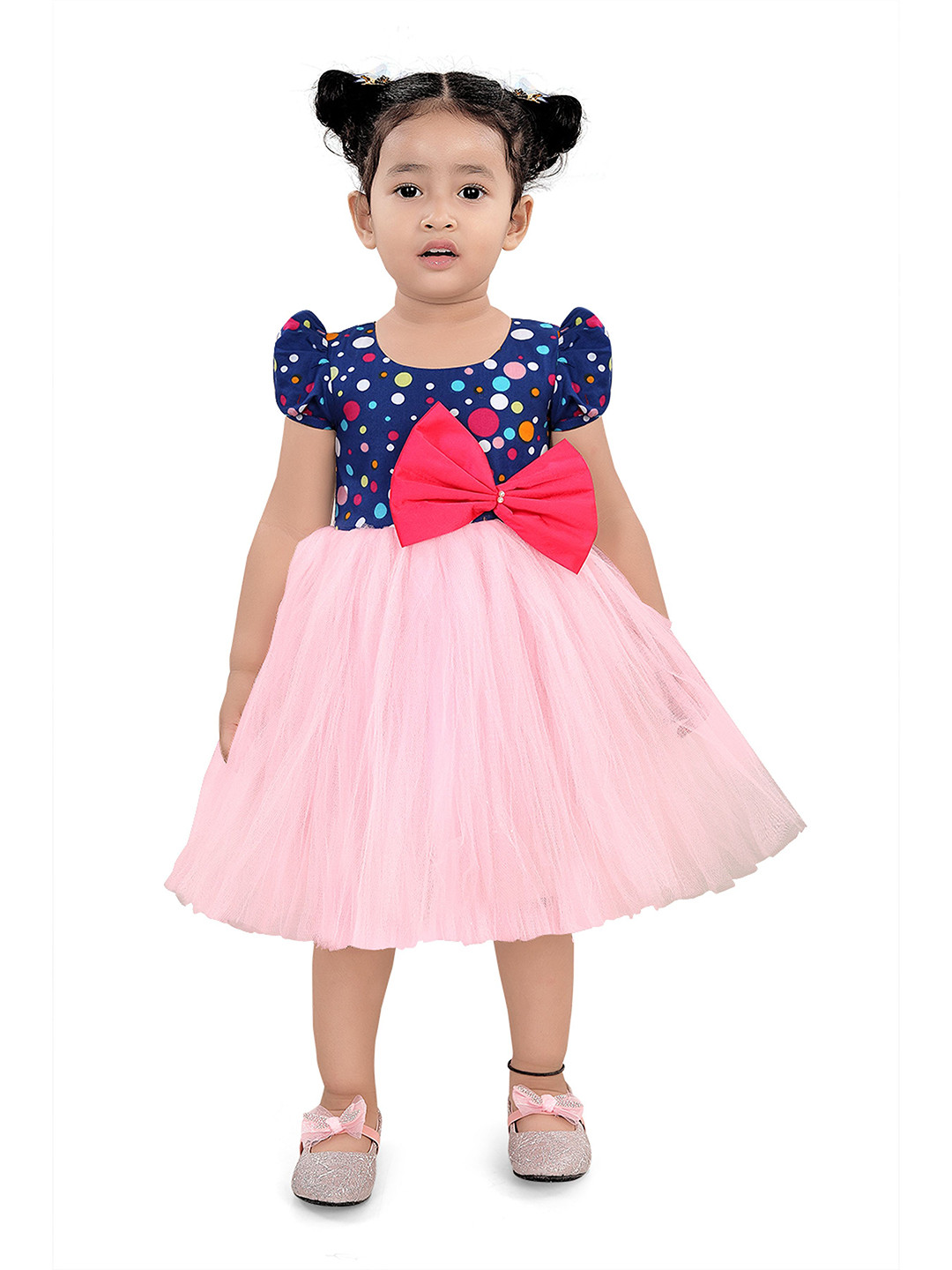 Pragya Exclusive Girls Polka Dot Print Puff Sleeve Tulle Fit & Flare Dress