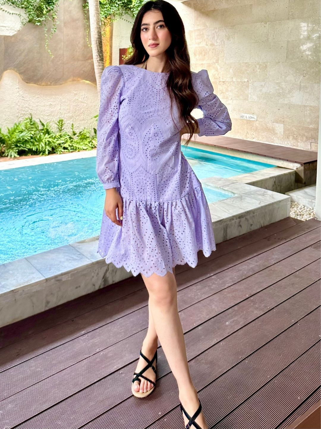 HOUSE OF JAMOTI Women Self Design Round Neck Drop-Waist Mini Dress