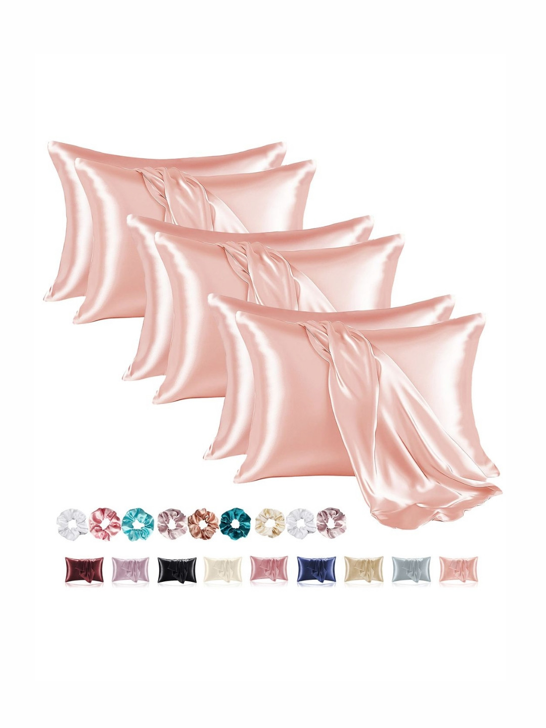 RUBOXA Unisex Pink 6 Pieces Solid Linen Rectangle Pillow Covers With 3 Scrunchies