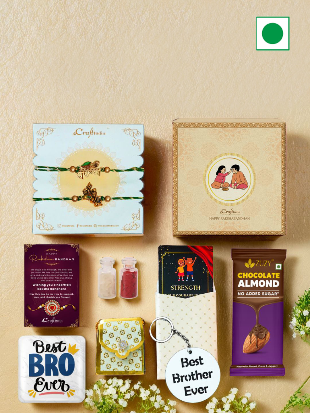 eCraftIndia 2Pc Rakhis Chocolate Card Magnet Roli Chawal Gift Set
