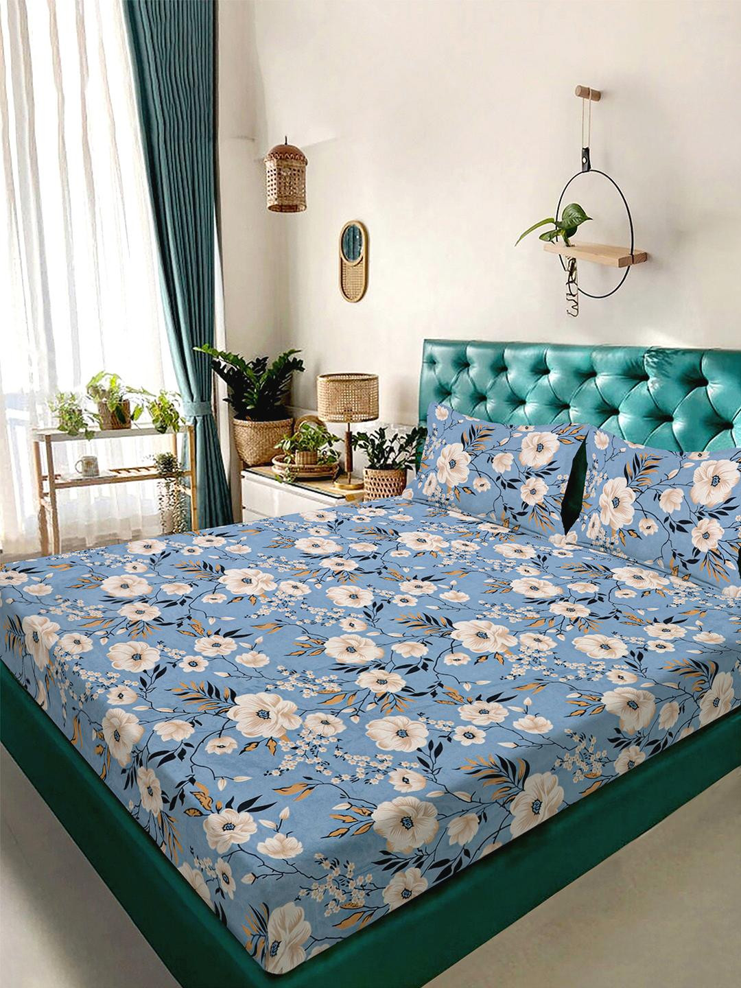 KLOTTHE Blue Floral Print 300 TC Cotton Blend King Size Bedsheet with 2 Pillow Covers