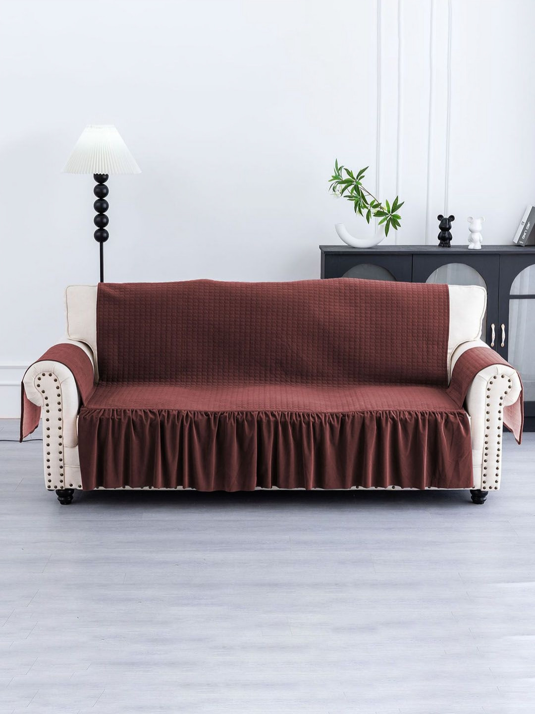 RUBOXA Maroon Self Design Velvet 3 Seater Sofa Cover With Pocket Arms