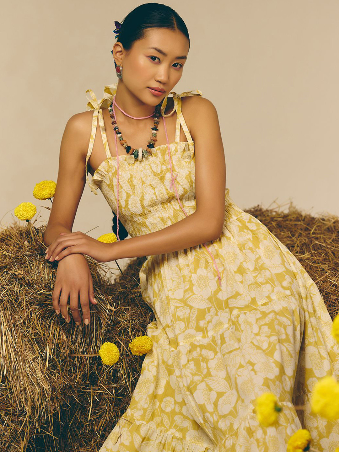 Prakriti Jaipur Women Yellow Smocked Long Dress