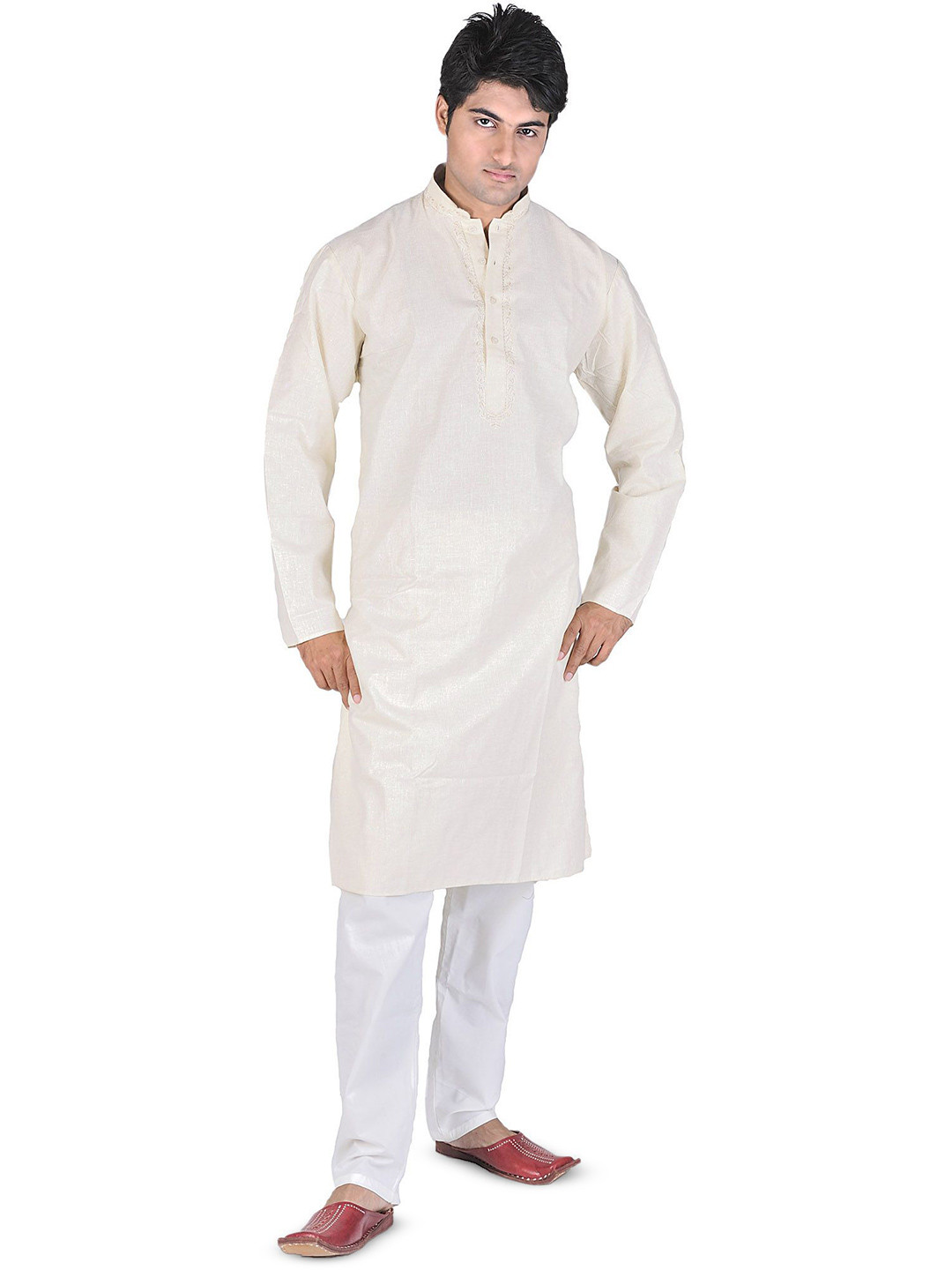 Exotic India Men Pure Cotton Kurta Pajama with Embroidery on Neck and Glittering Kurta Set