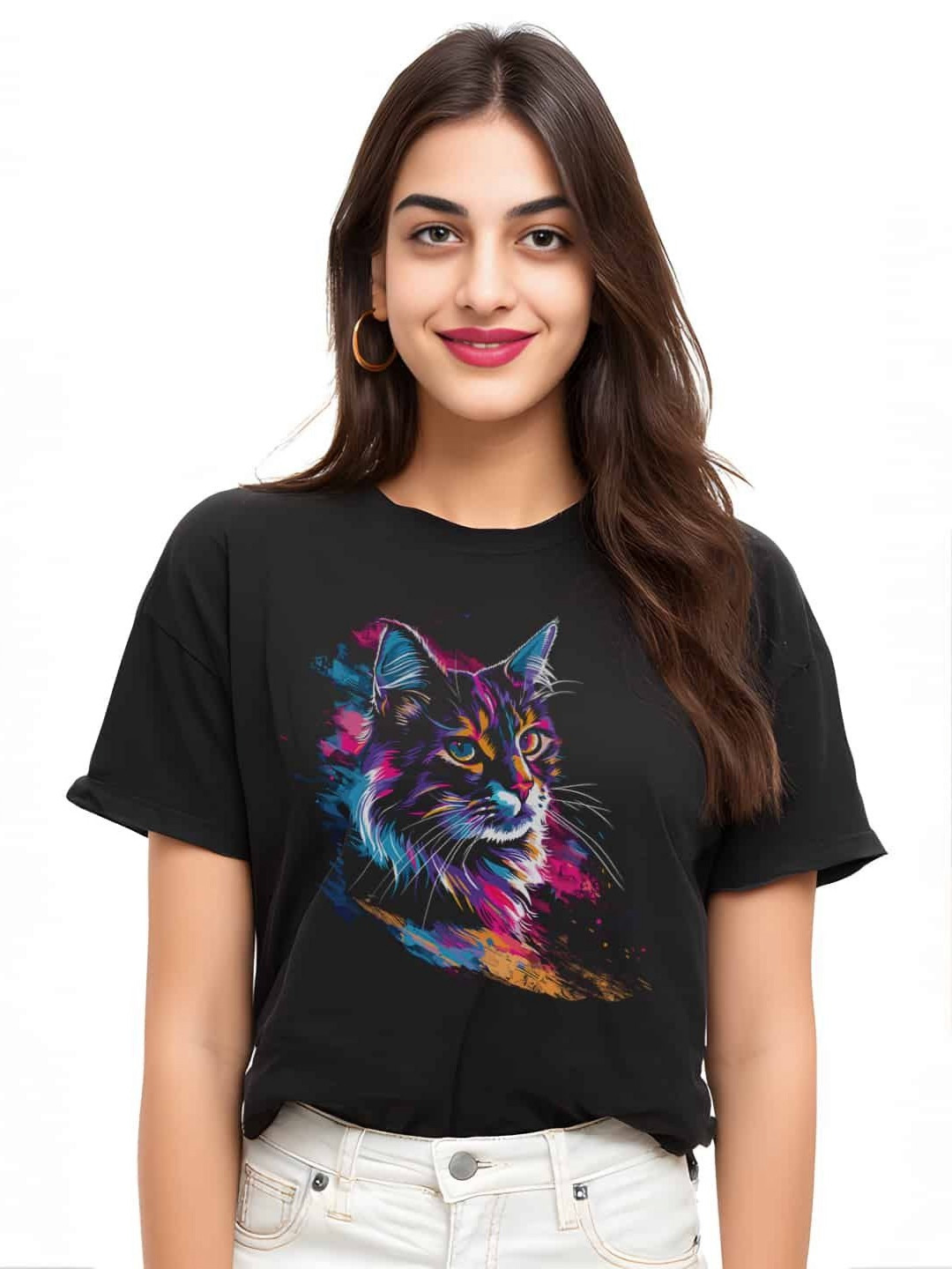 Storeily Whisker Wonderland Graphic Printed Drop-Shoulder Sleeves Cotton Oversized T-shirt