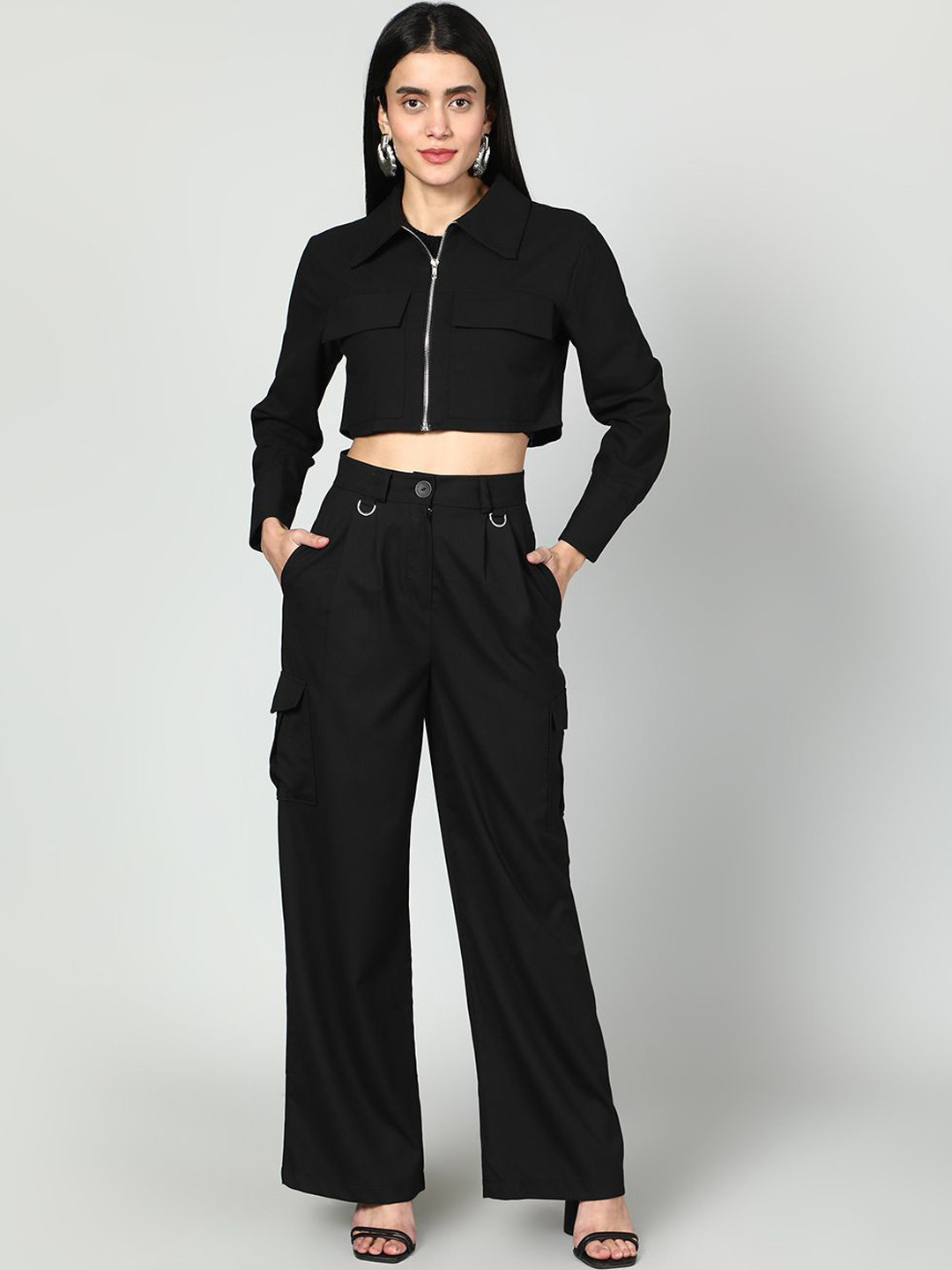Fashion Gaiia Cropped Zipper Jacket & Cargo Trousers Co-Ord Set