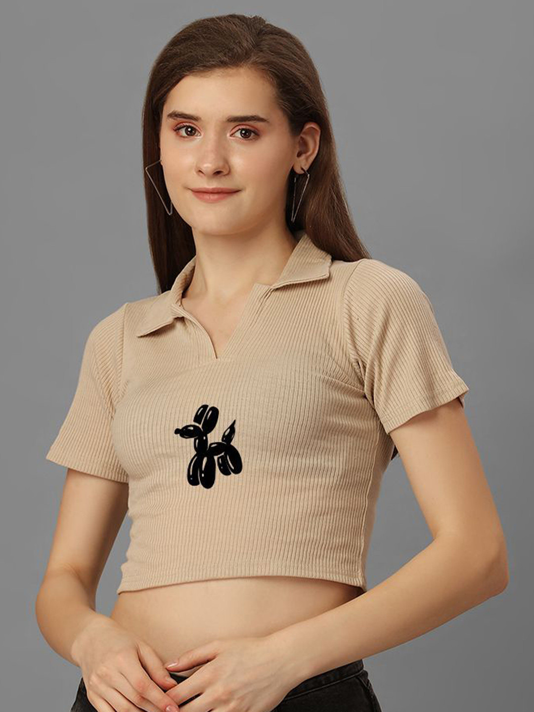 SXV STYLE Women Shirt Collar Cotton Ribbed Fitted Crop Top