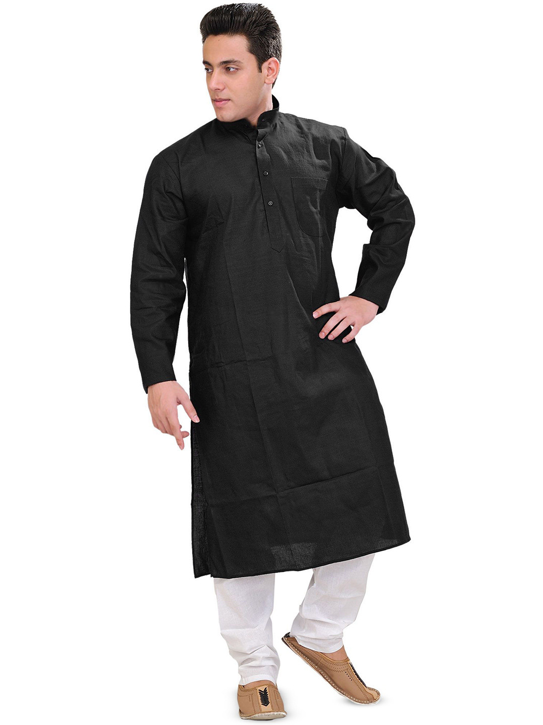 Exotic India Men Jet-Black Plain Cotton Kurta with White Pajama Set