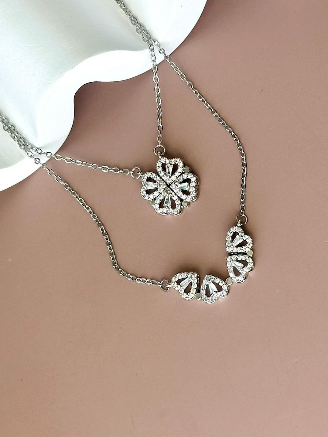 Lovemi Movements Silver-Plated Stainless Steel Crystals Studded Heart Clover 2-In-1 Chain