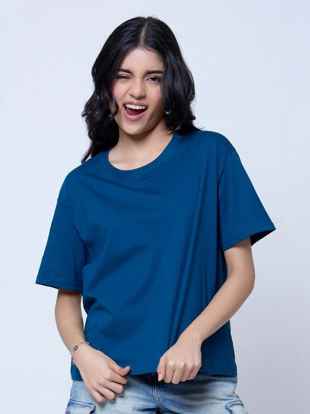 DKY Round Neck Drop-Shoulder Sleeves Cotton Boxy T-shirt