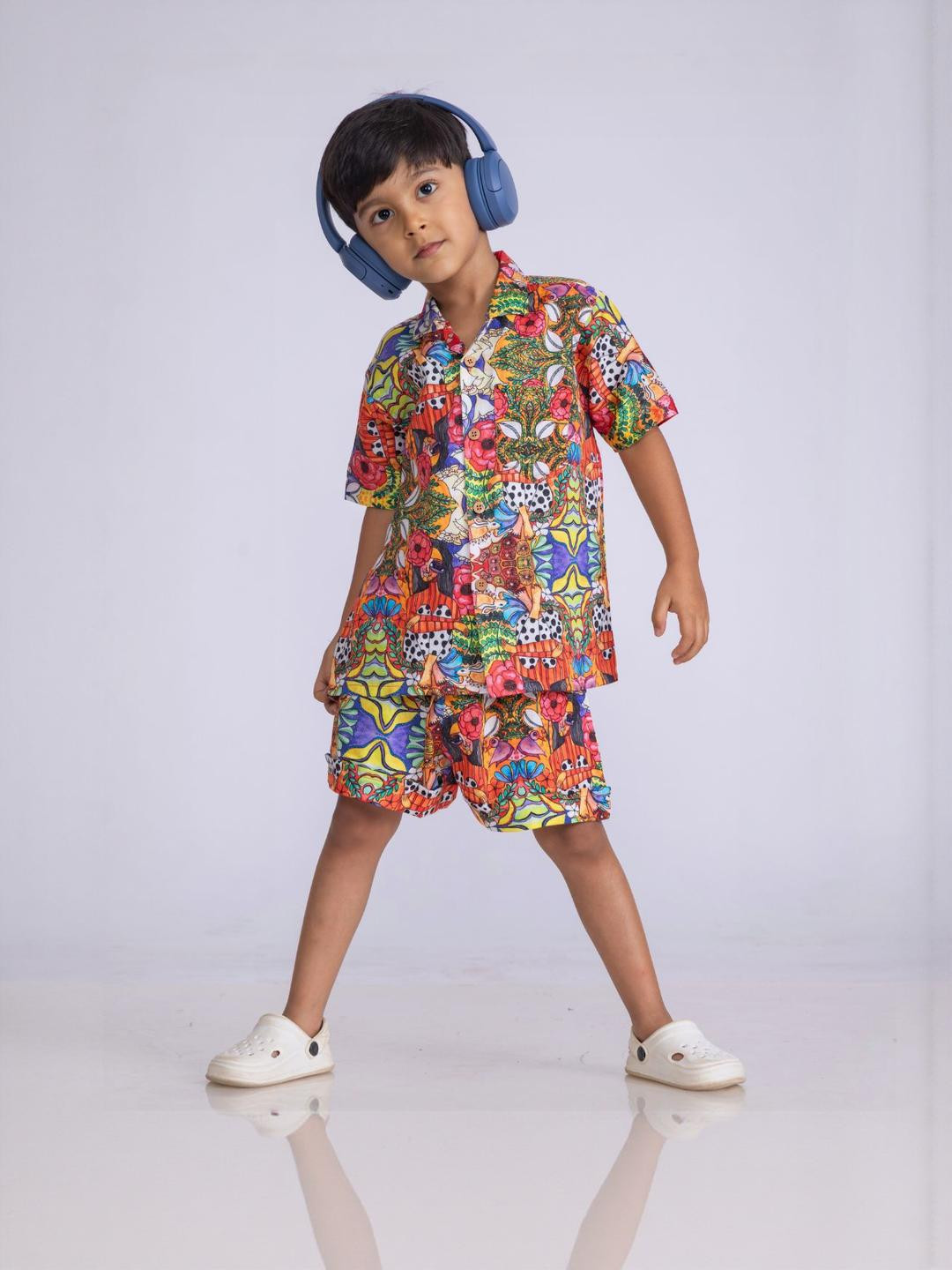 Tura Turi Boys Abstract Printed Cotton Shirt & Shorts Set