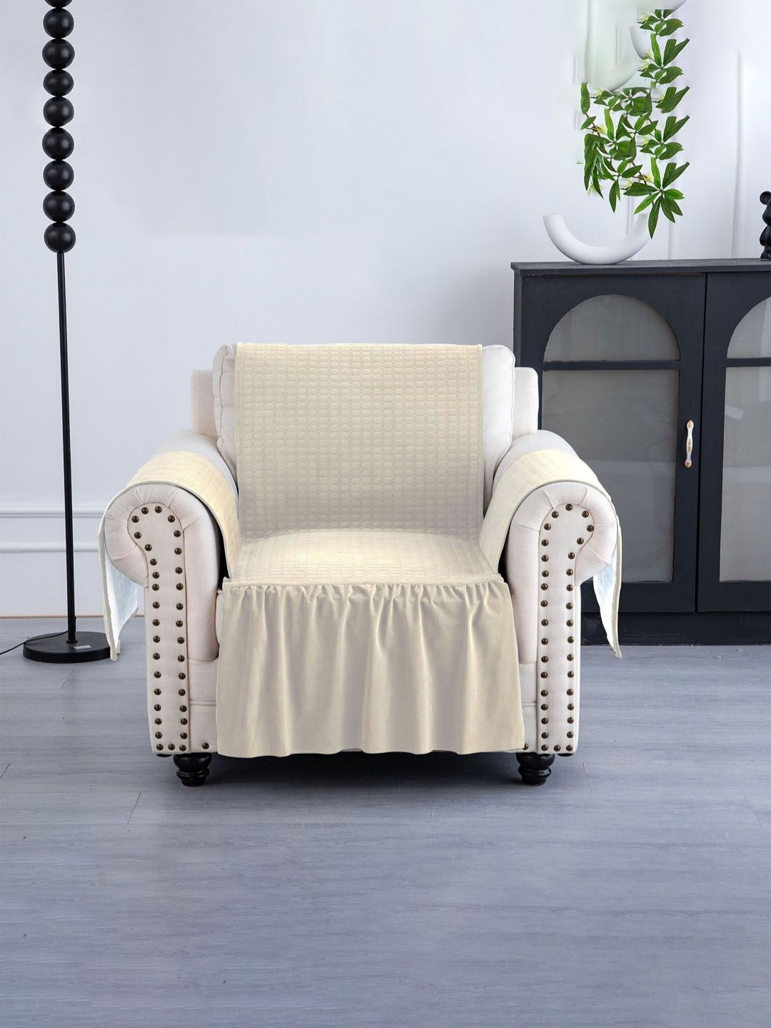RUBOXA Cream-Coloured Self Design Velvet Sofa Cover With Pocket Arms