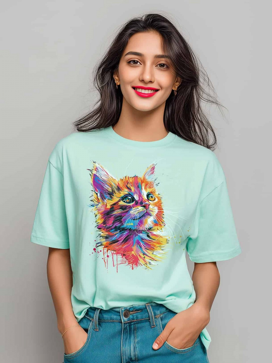 Storeily Adorable Cat Design Printed Drop-Shoulder Sleeves Cotton Oversized T-shirt