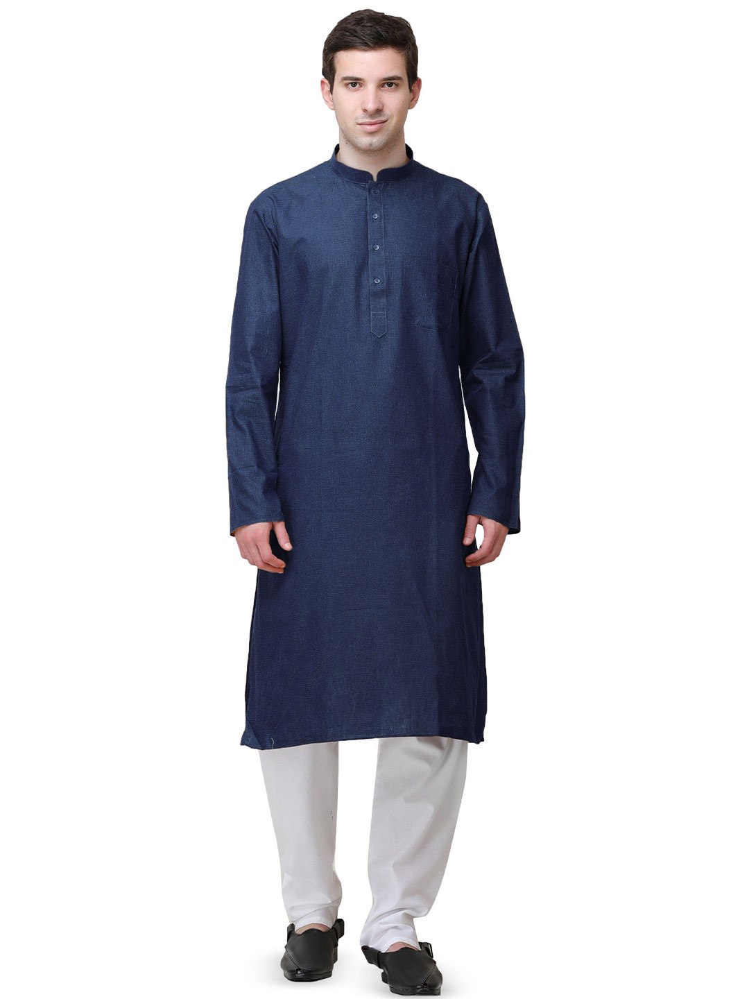 Exotic India Men Plain Linen Kurta with White Pajama