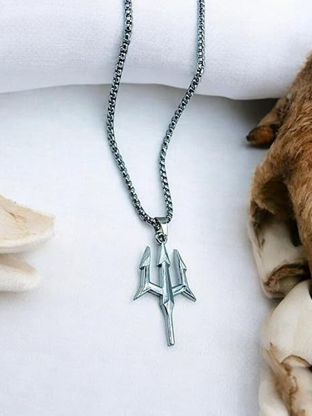 Lovemi Movements Stainless Steel Silver-Plated Lord Shiva Trident Pendants & Chain