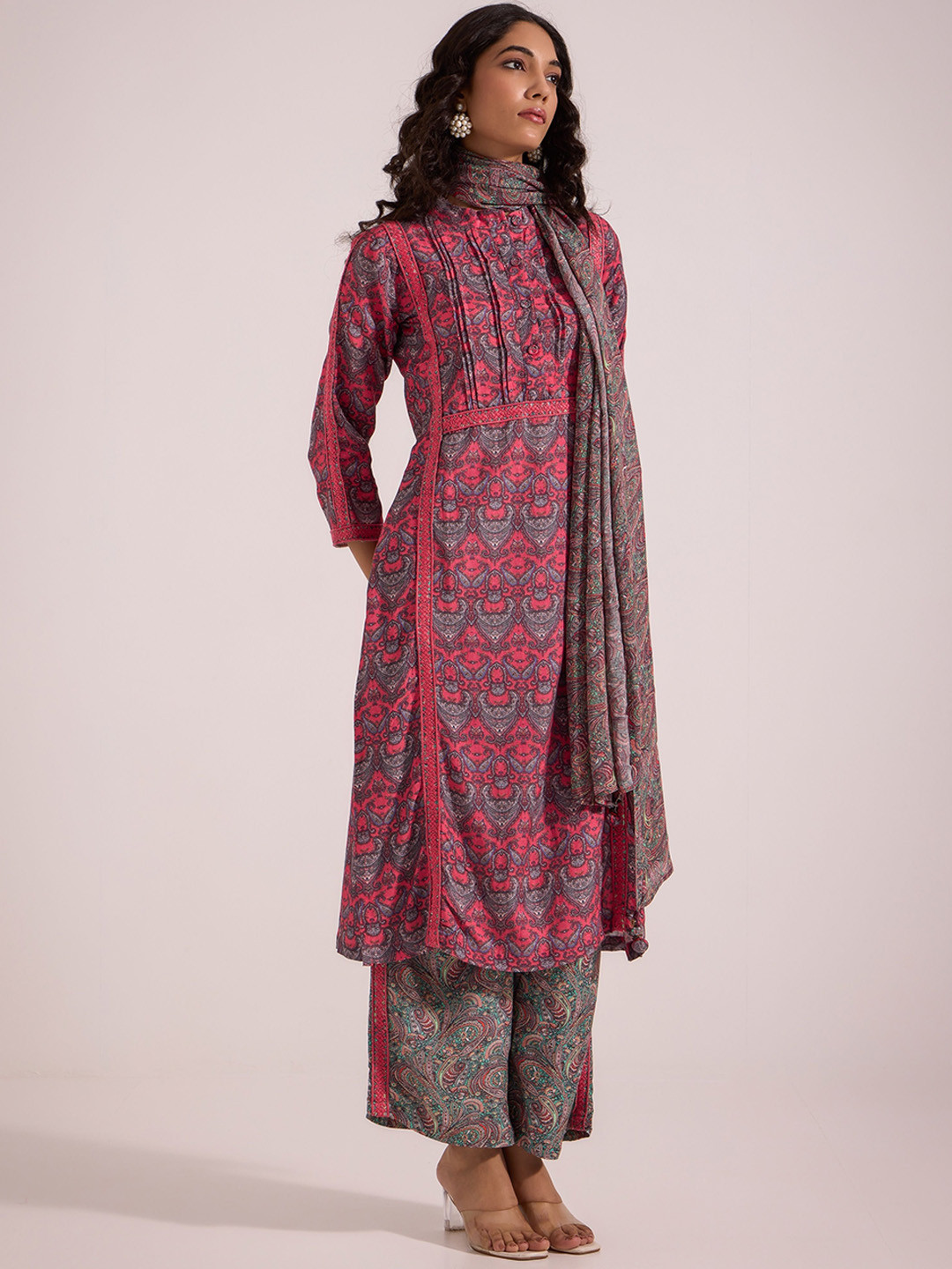 SAROJ Ethnic Motifs Printed Band Collar Linen Straight Kurta With Trousers And Dupatta