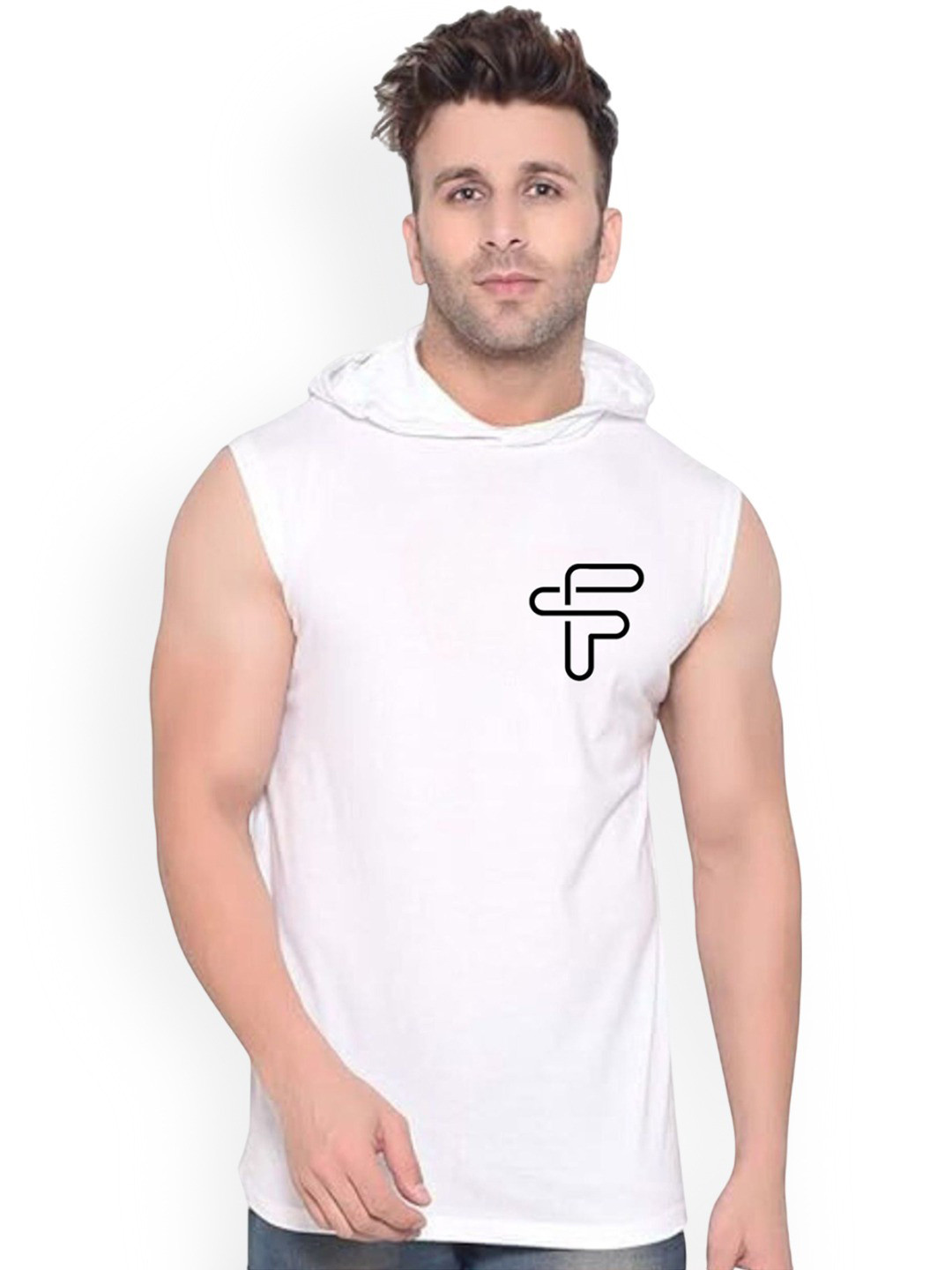 FABSTIEVE Printed Cotton Hooded Gym Vest  VK-44B_pt-31 White M